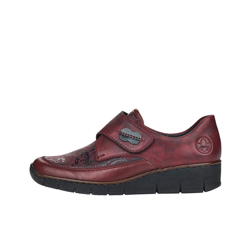 Burgundy women's loafer shoes with hook-and-loop strap, decorative side panel, chunky sole