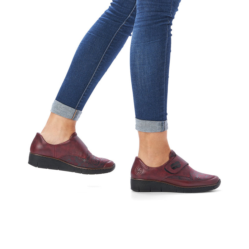 Burgundy women's loafer shoes with hook-and-loop strap, textured side panels, chunky sole
