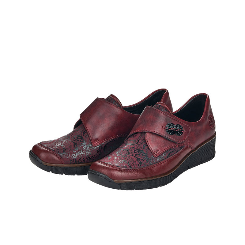 Burgundy women's loafer shoes with hook-and-loop strap, decorative side panels, chunky sole
