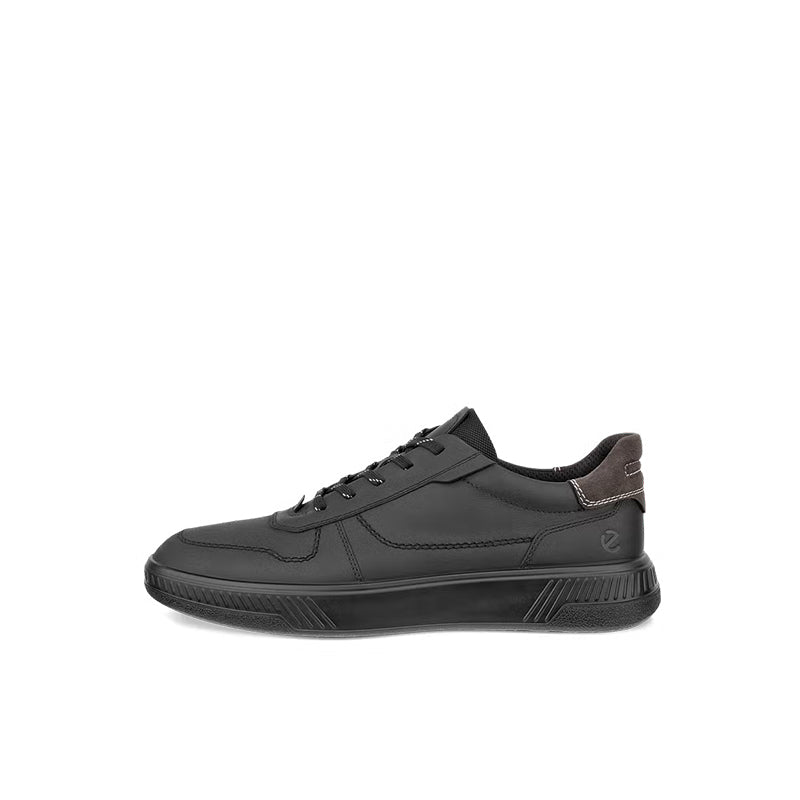 Men's black lace-up sneakers, side profile with padded collar and tread sole