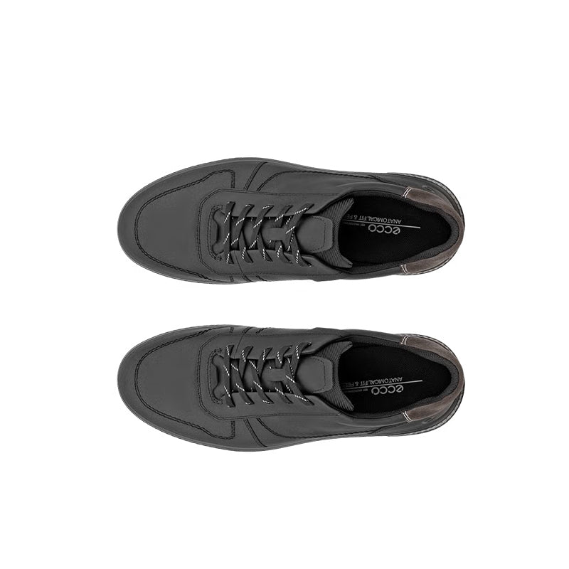 Pair of men's black lace-up sneakers, top view with eyelets and logos