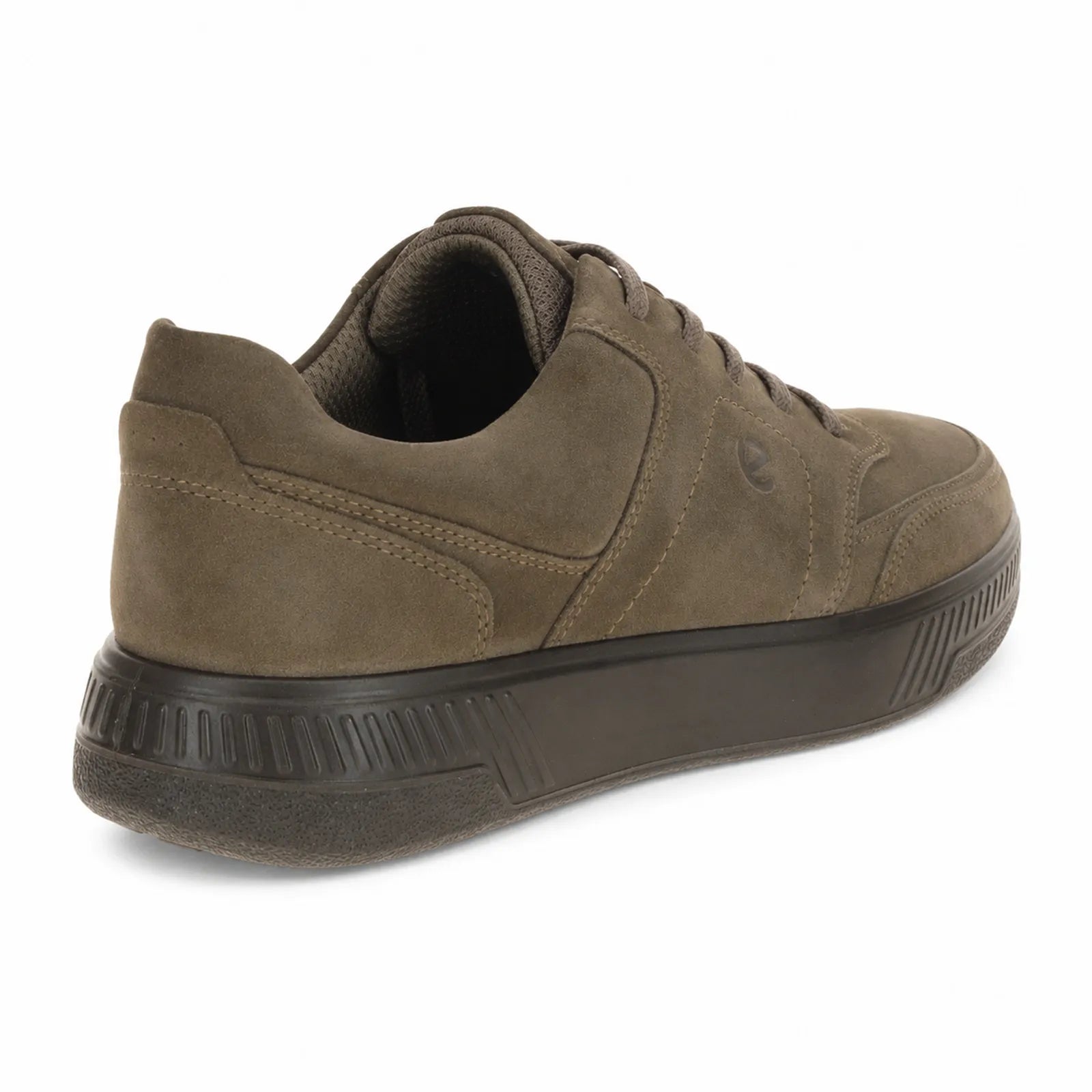 ECCO Move Walker men's dark clay trainers side angle view showing lace fastening and suede nubuck leather upper