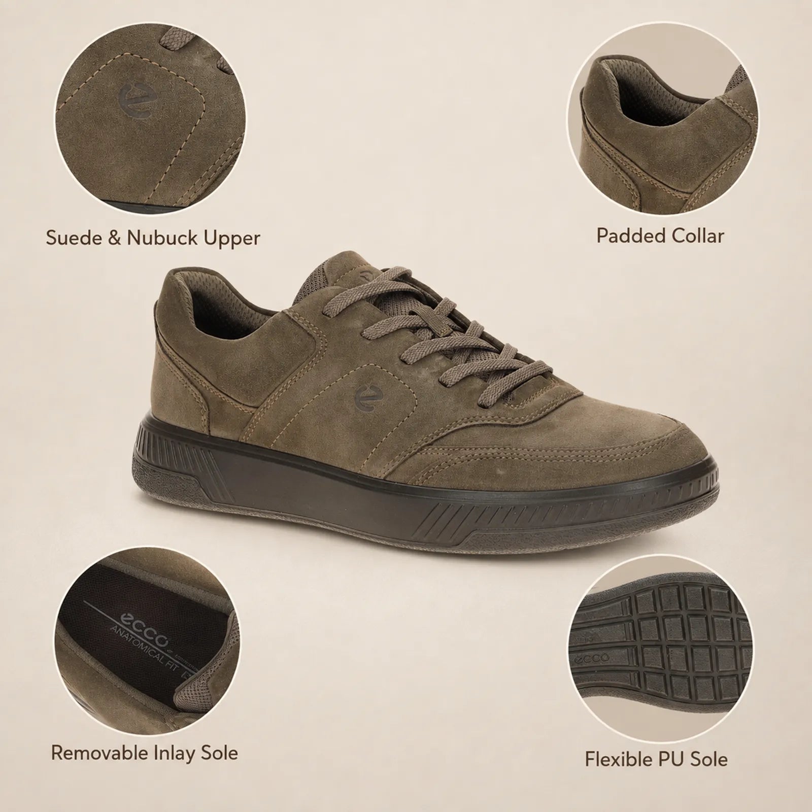 ECCO Move Walker men's dark clay trainers close up detail showing leather texture, stitching and outsole grip