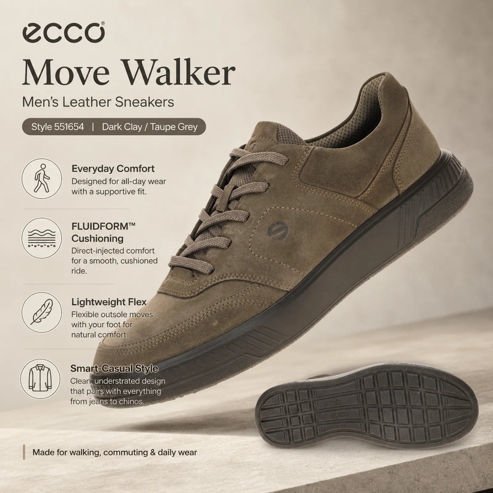 ECCO Move Walker men's dark clay trainers showing FLUIDFORM comfort, removable insole and flexible PU sole features