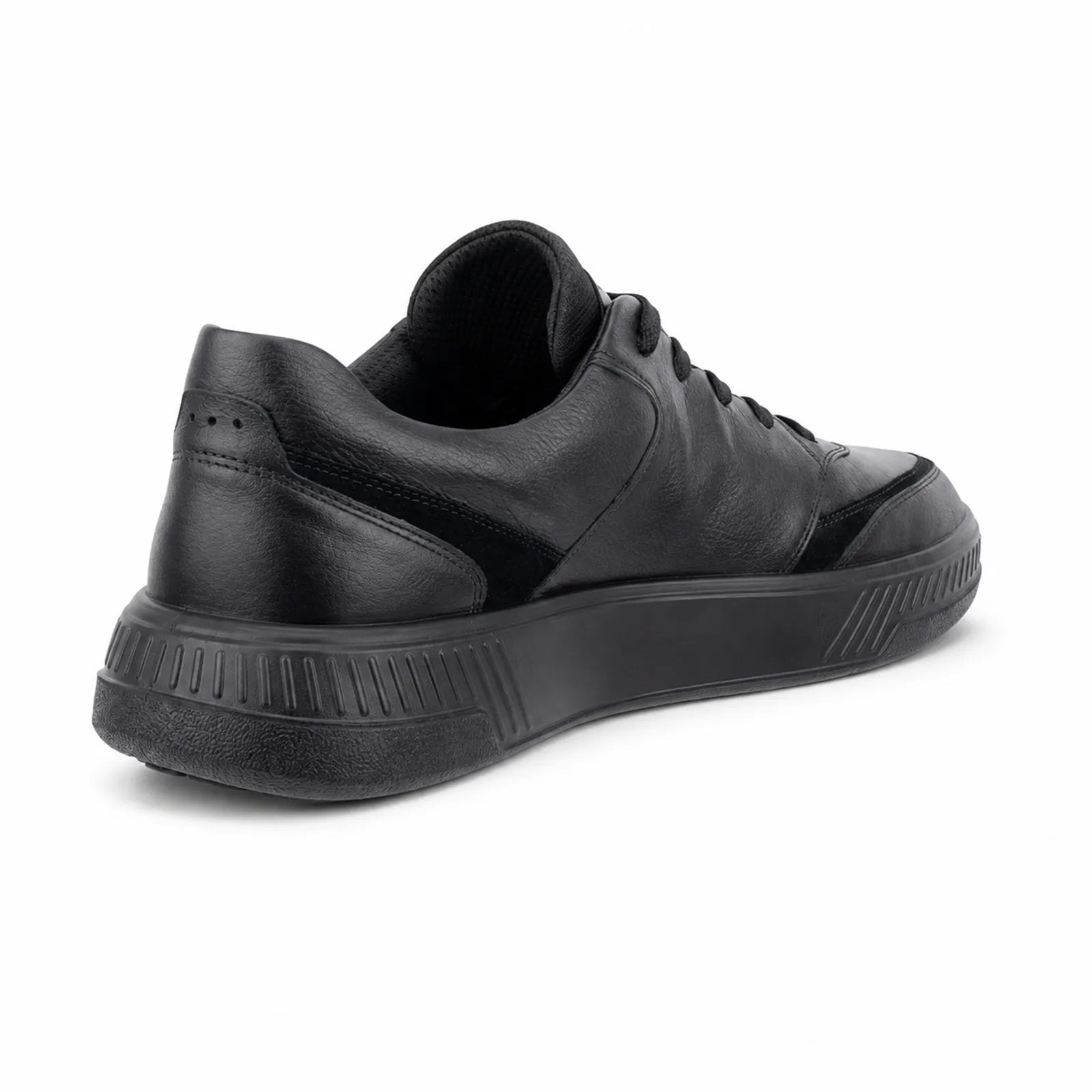 ECCO Move Walker men's black trainers side angle view showing lace fastening and smooth leather upper