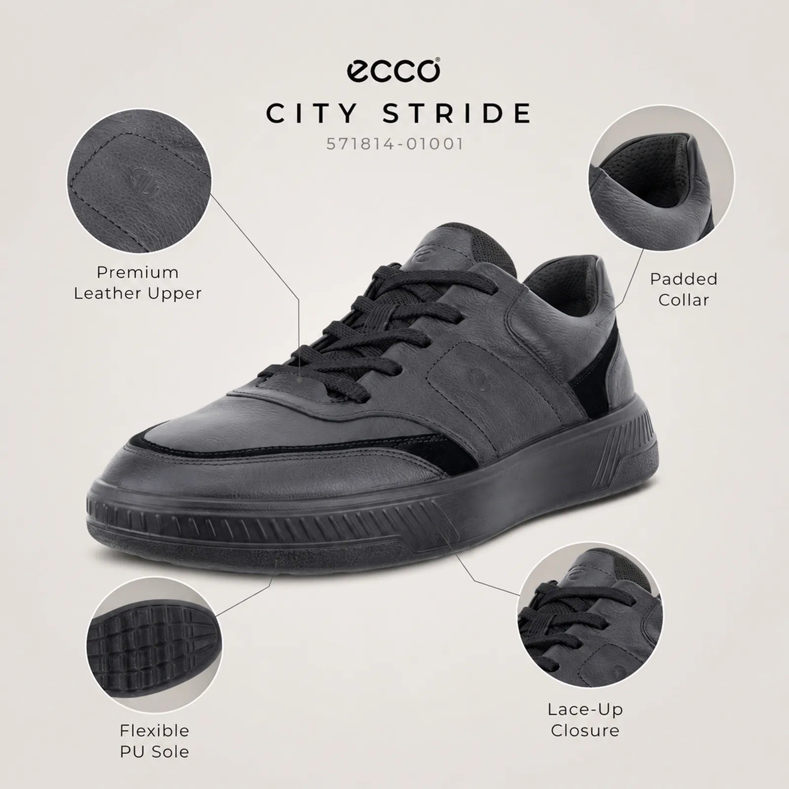 ECCO Move Walker men's black trainers close up detail showing premium leather texture, stitching and outsole grip