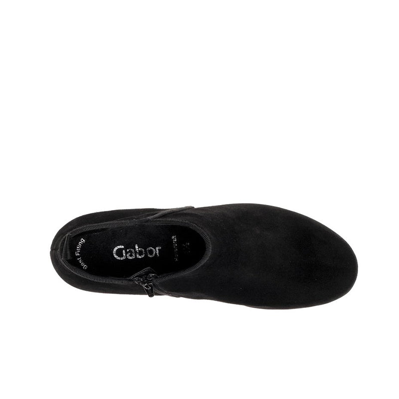 Black suede ankle boot with Gabor logo on inner lining