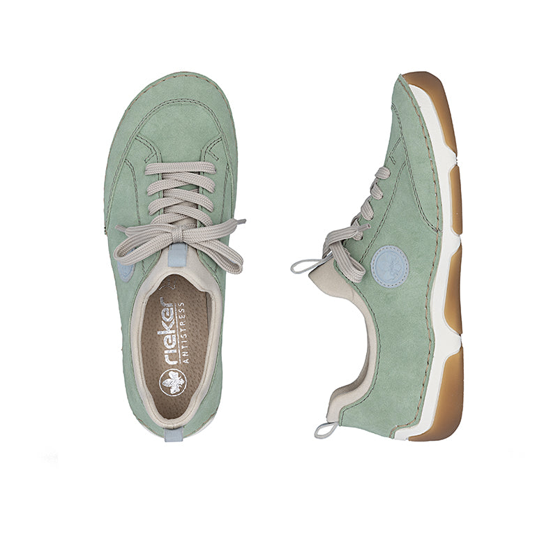 Pair of green lace-up loafers with front laces and light trim