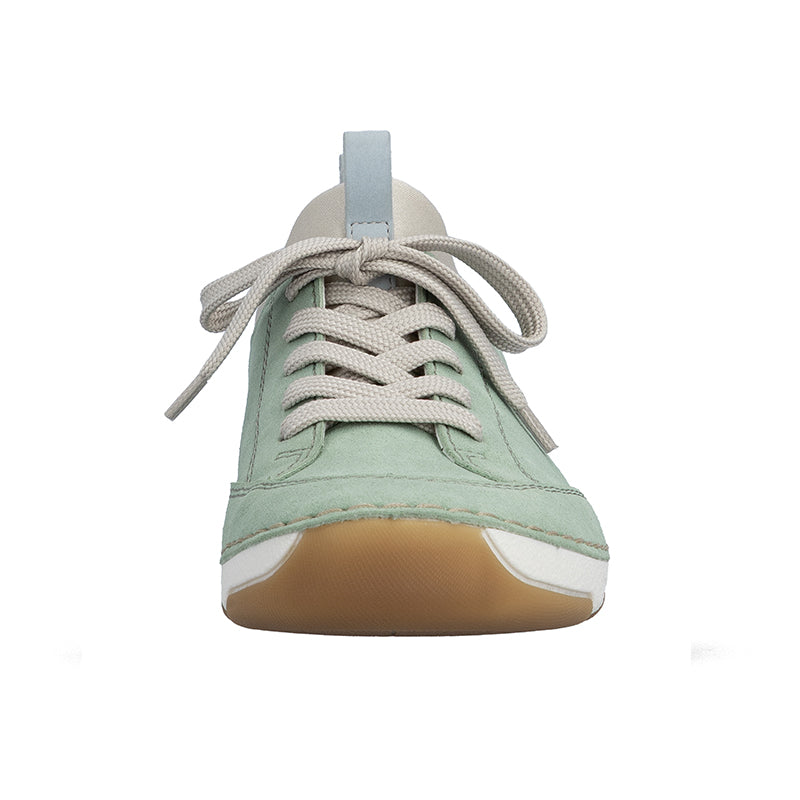 Green lace-up loafer with front laces and white midsole
