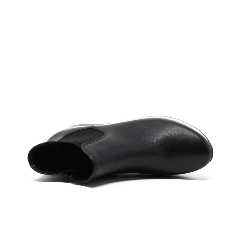 Black leather ankle boot with rounded toe and visible inner lining