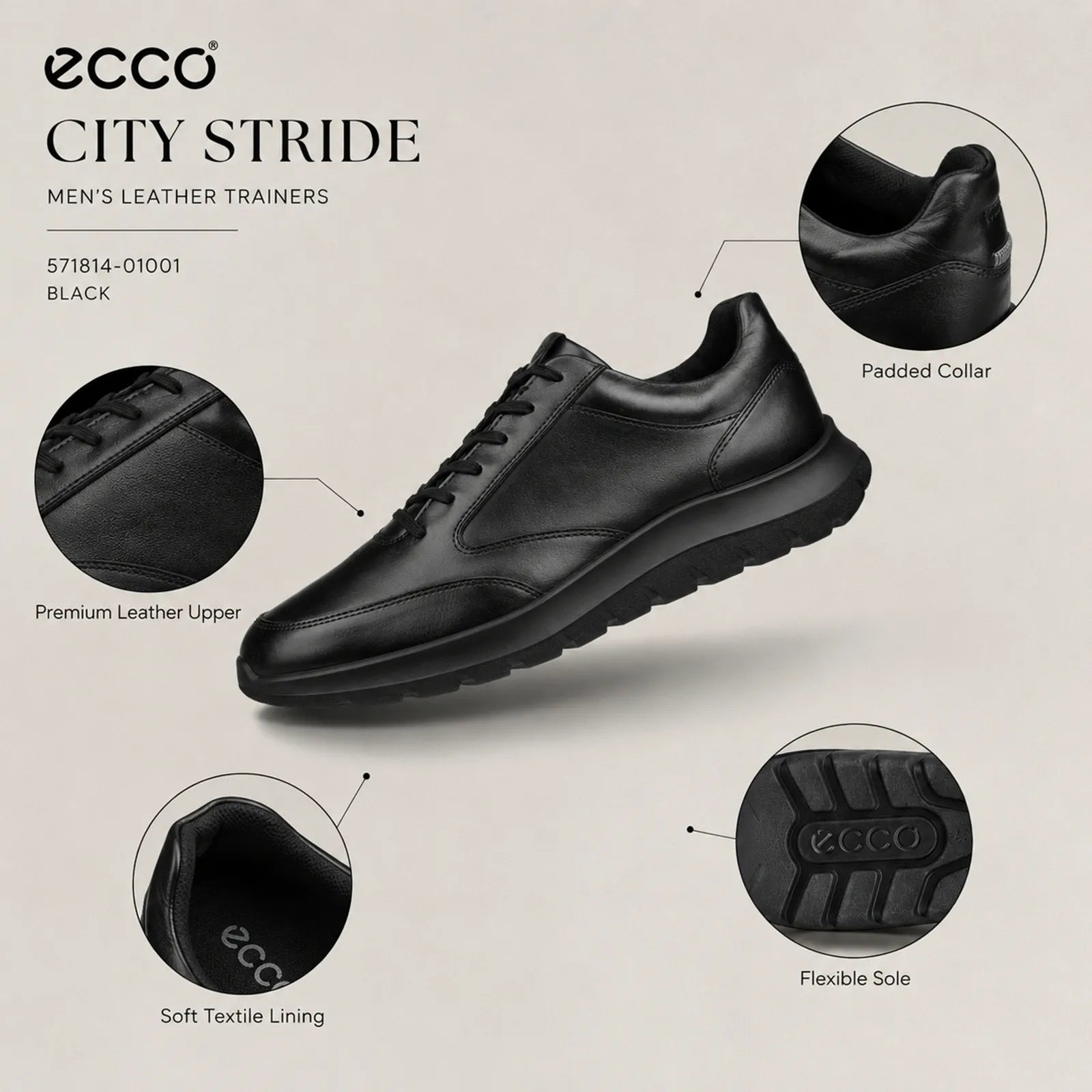 ECCO City Stride men's brown trainers close up detail showing premium leather texture, stitching and outsole grip