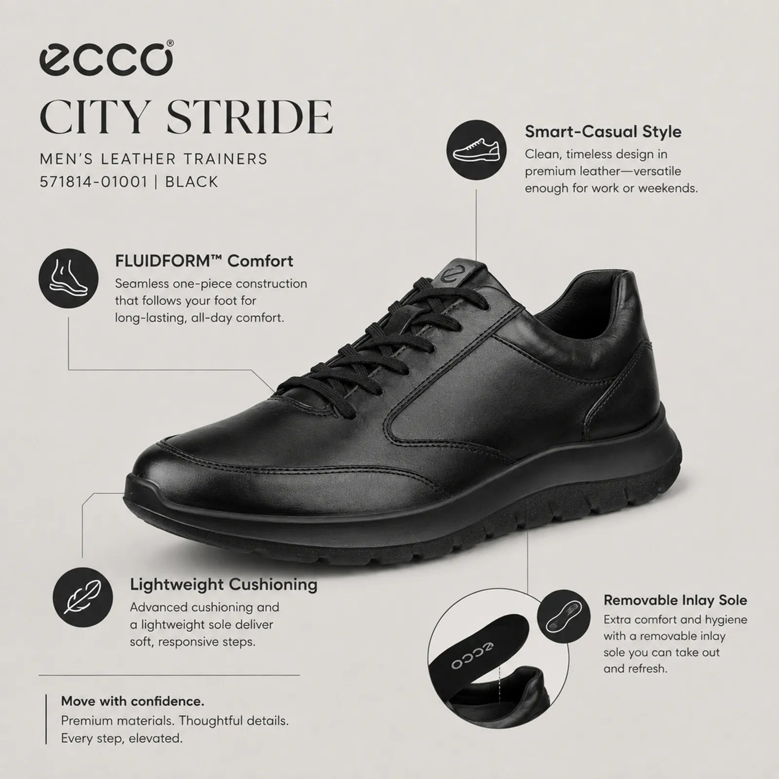 ECCO City Stride men's brown trainers showing removable insole, padded collar and FLUIDFORM comfort features