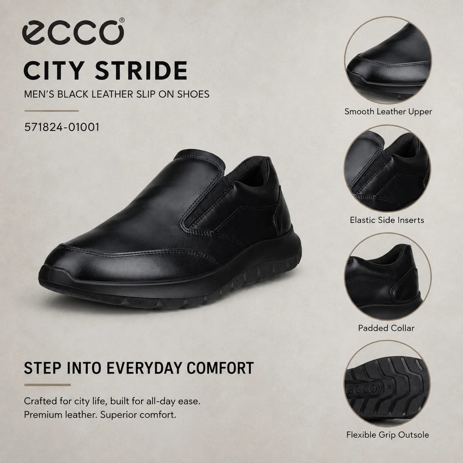 ECCO City Stride men's black slip on shoes close up detail showing premium leather texture, elastic side panel and outsole grip