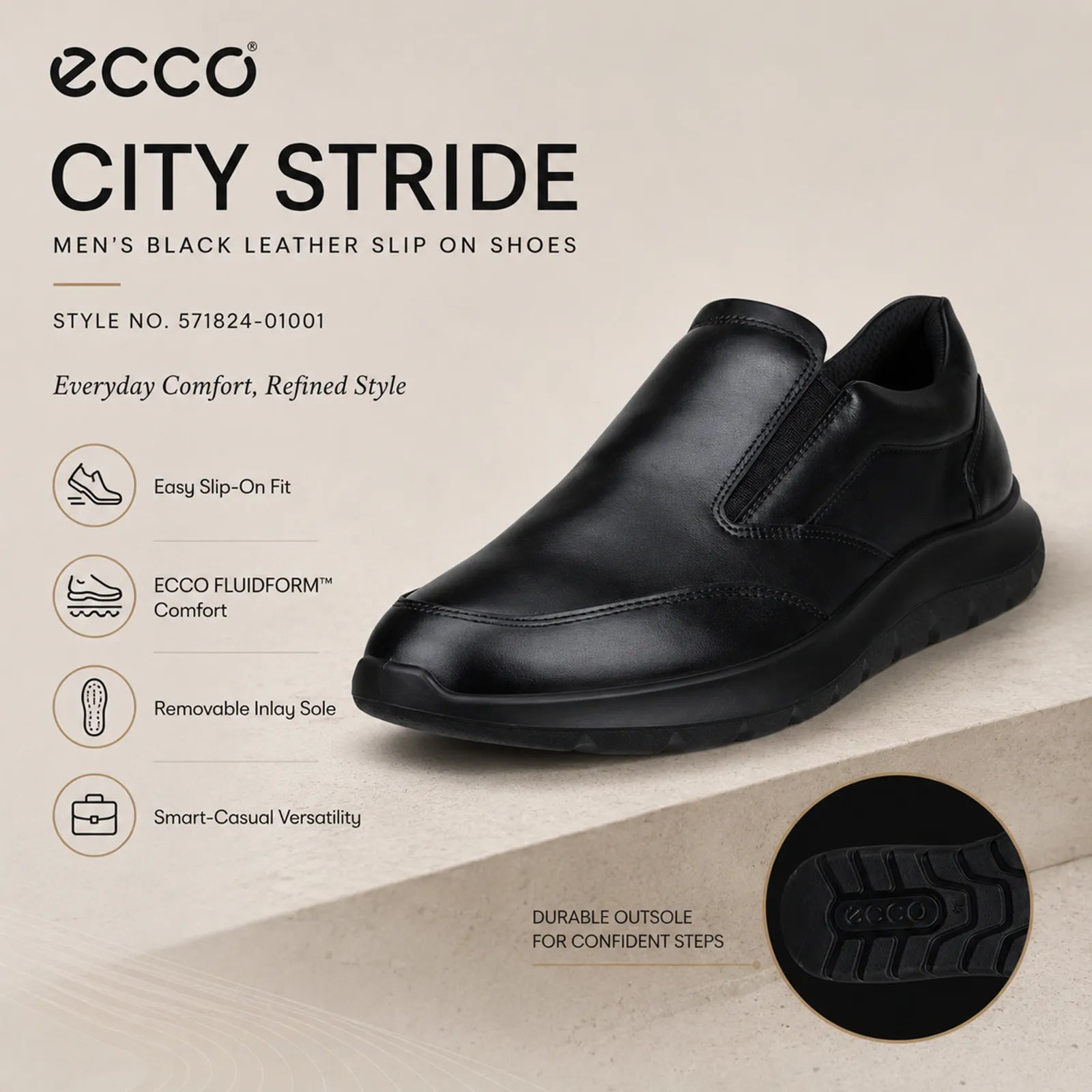 ECCO City Stride men's black slip on shoes showing elastic inserts, removable insole and FLUIDFORM comfort features