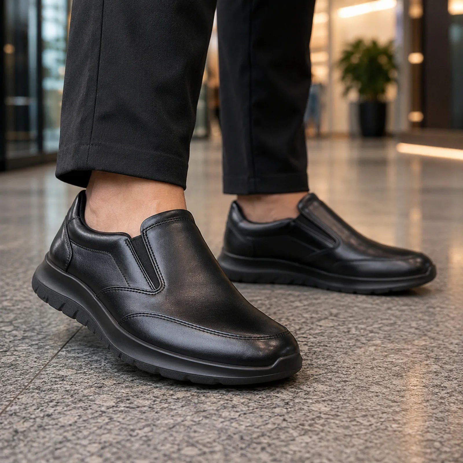 ECCO City Stride men's black leather slip on shoes worn with smart casual outfit for everyday wear