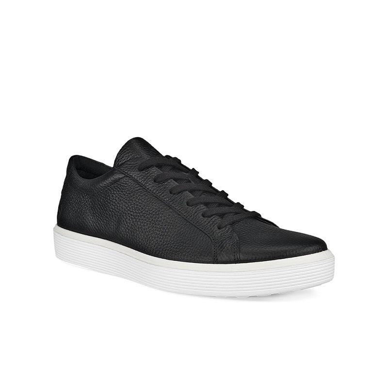 Men's leather sneakers, black, lace-up with low-profile white-striped sole