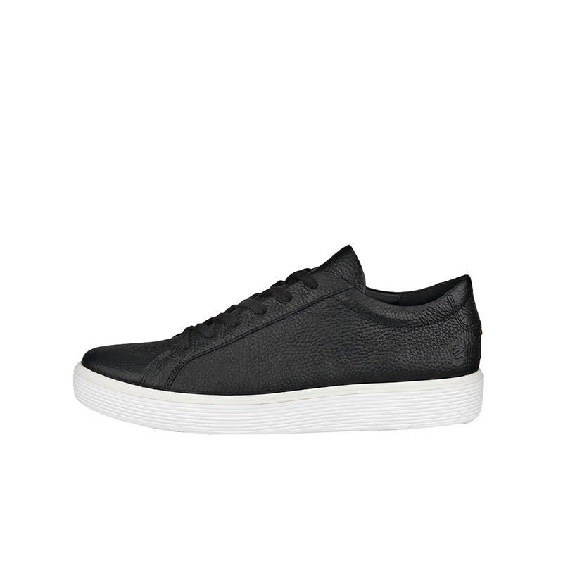 Men's leather sneakers, black, side view with lace-up front and textured sole