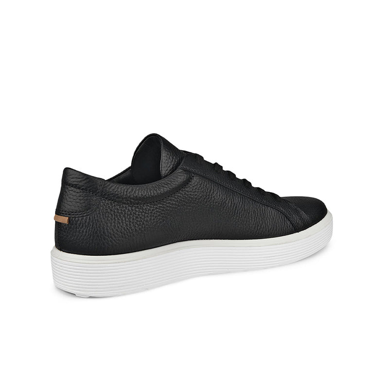 Men's leather sneakers, black, heel and side profile with tan logo tab