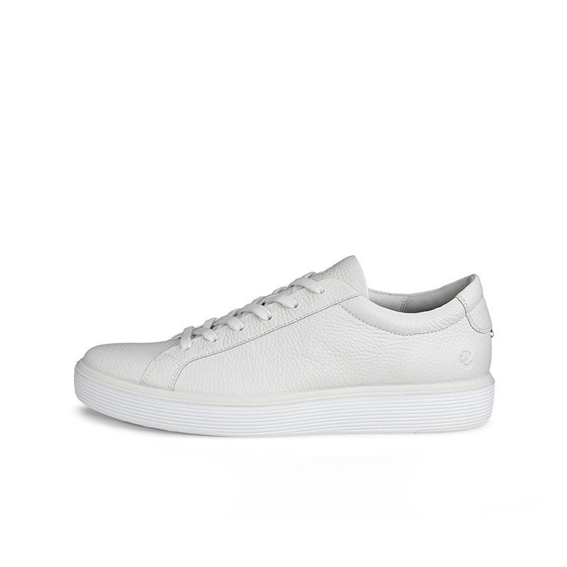 Men's leather sneakers, white, side view with lace-up front and cushioned collar