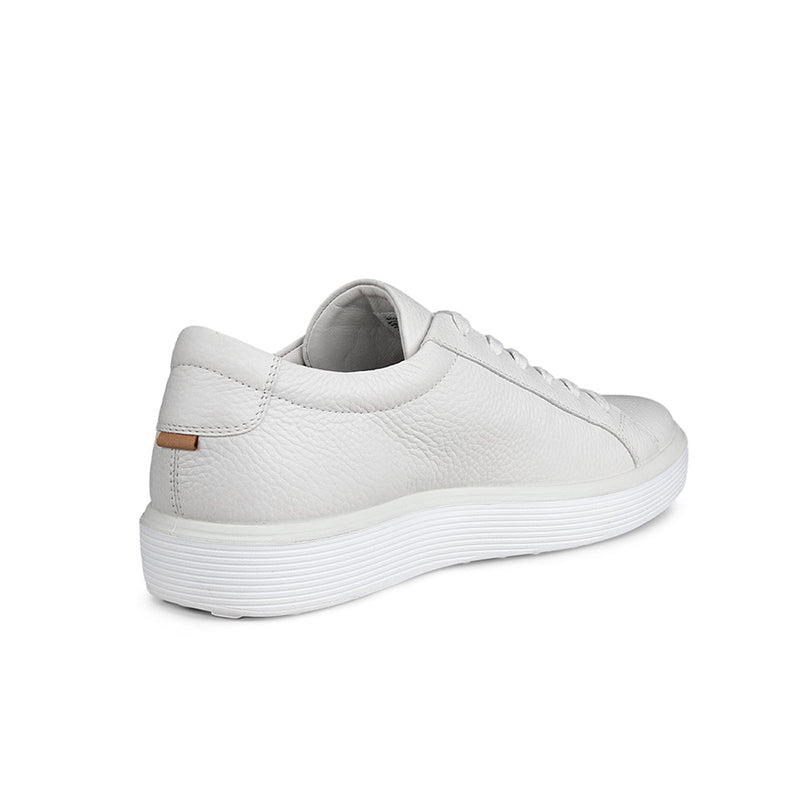 Men's leather sneakers, white, heel and side profile with tan logo tab