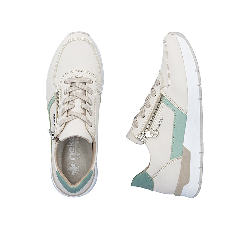 Cream lace-up sneakers with mint side panel and heel pull tab