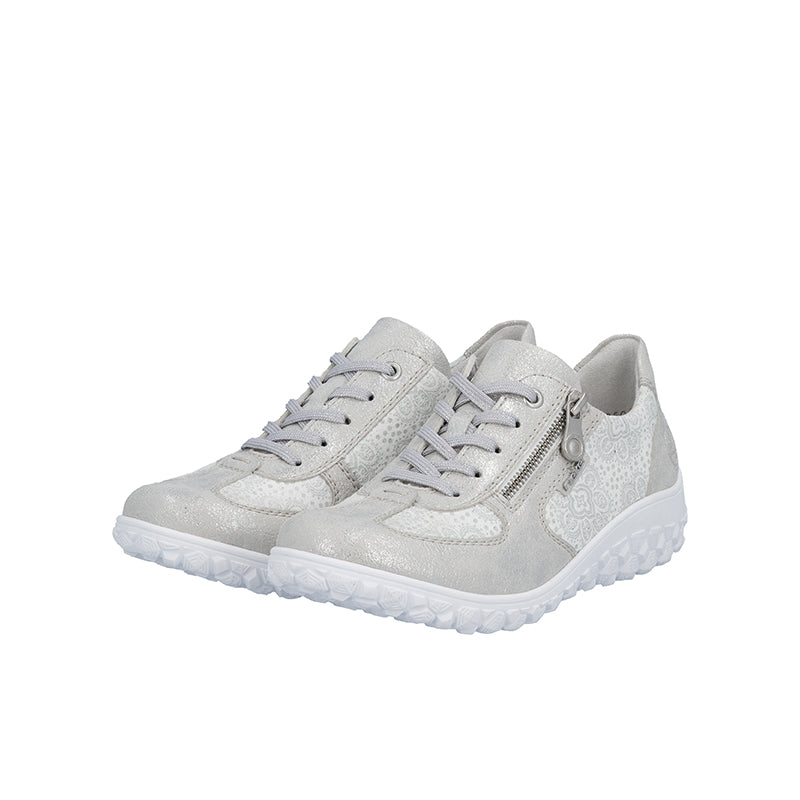 Pair of women's low-top lace-up sneakers in silver with textured side panel and zip pull