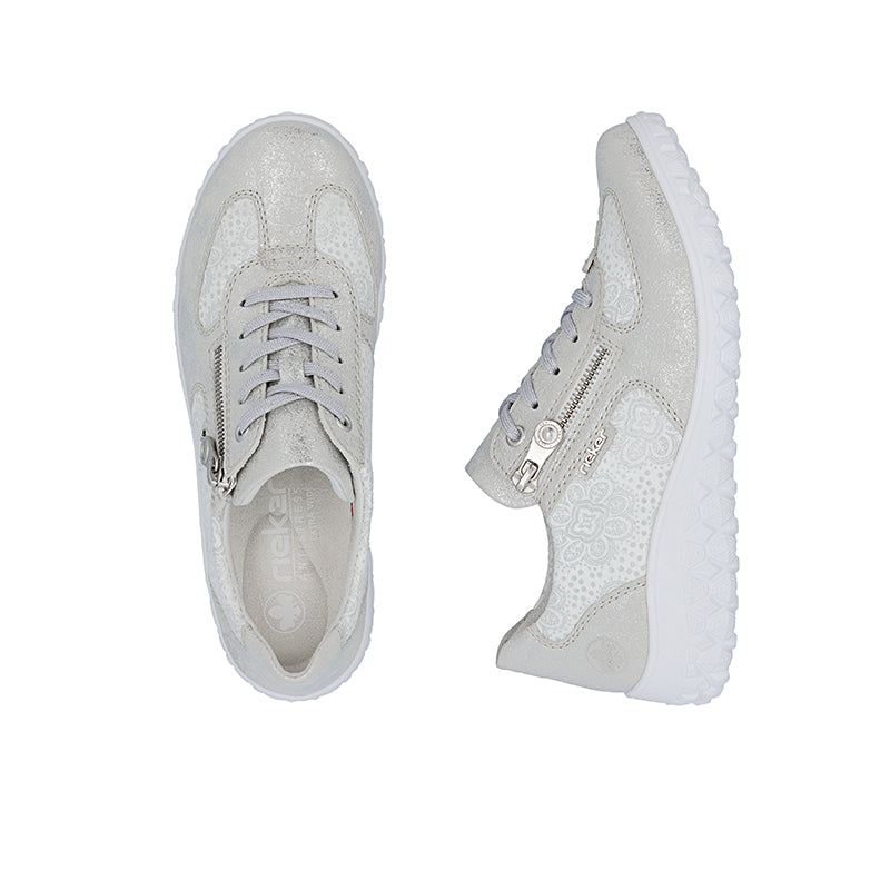 Women's low-top lace-up sneakers in silver with lace front and side zipper detail