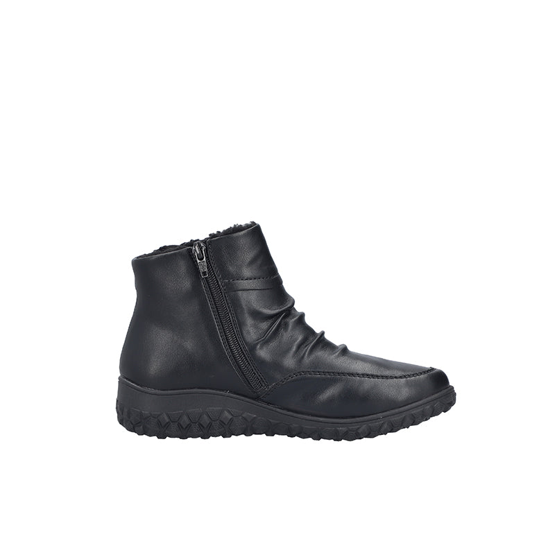 Black leather ankle boots with side zip and rugged rubber sole