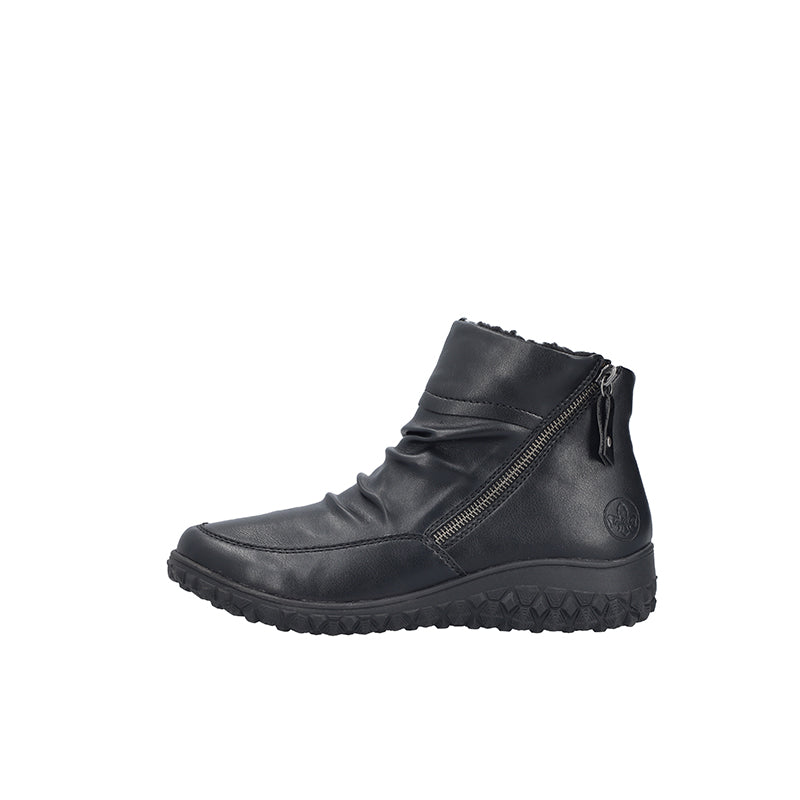 Black leather ankle boot with side zip and chunky rubber sole