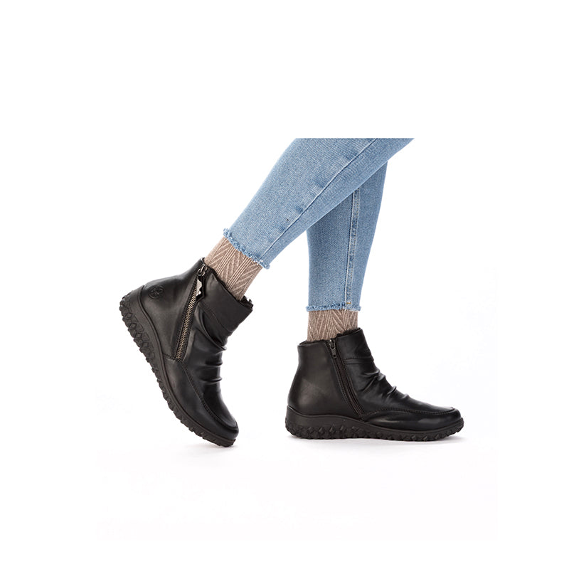 Black leather ankle boots with side zip worn with light-blue jeans and socks