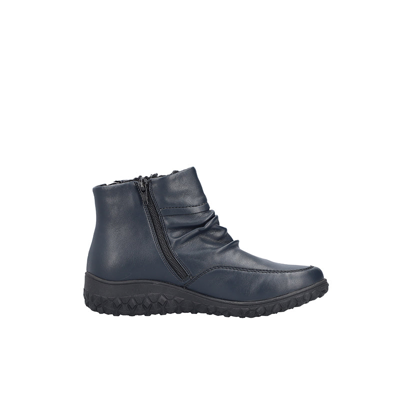 Blue leather ankle boots with side zip and rugged rubber sole