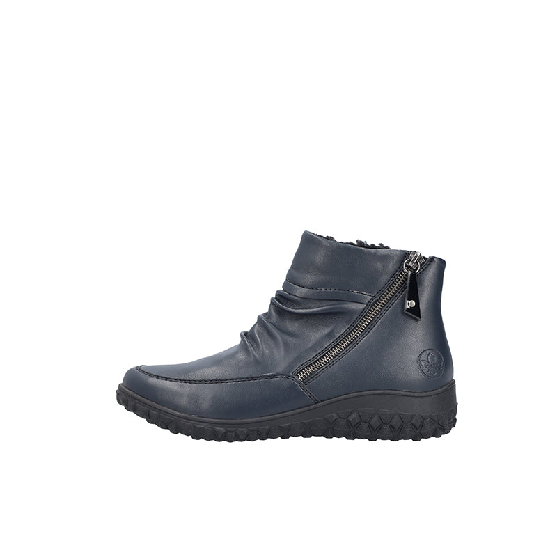 Blue leather ankle boot with side zip and chunky rubber sole