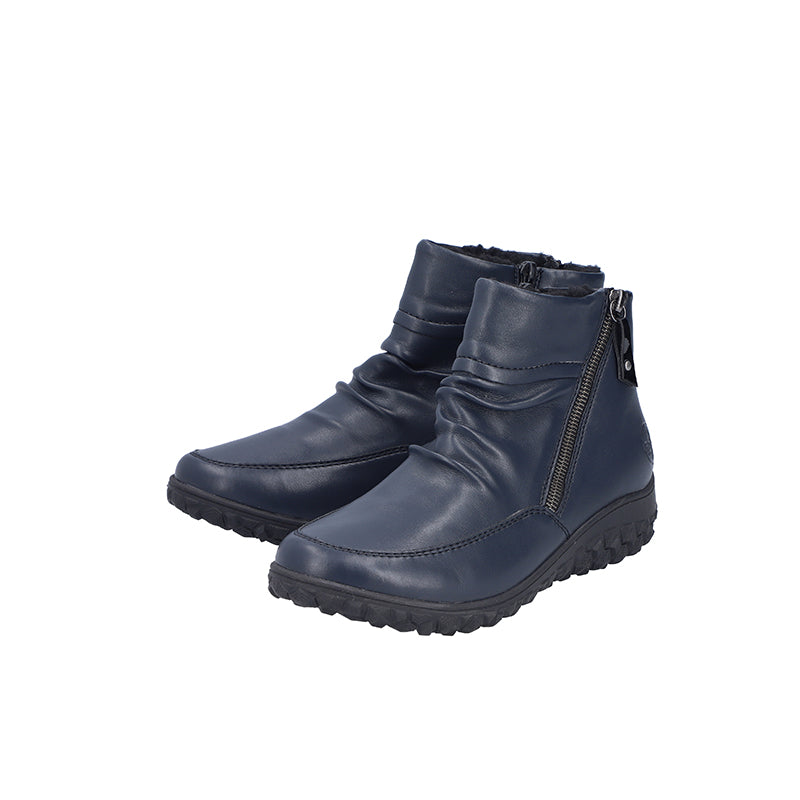 Blue leather ankle boots with side zip and padded collar