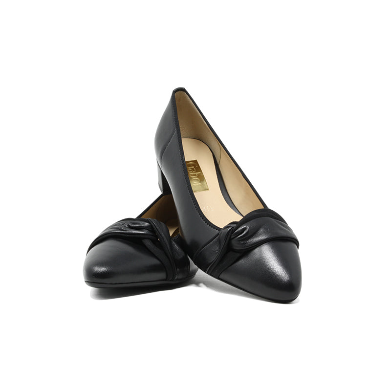 Women's black leather pumps with bow-front detail and almond toe