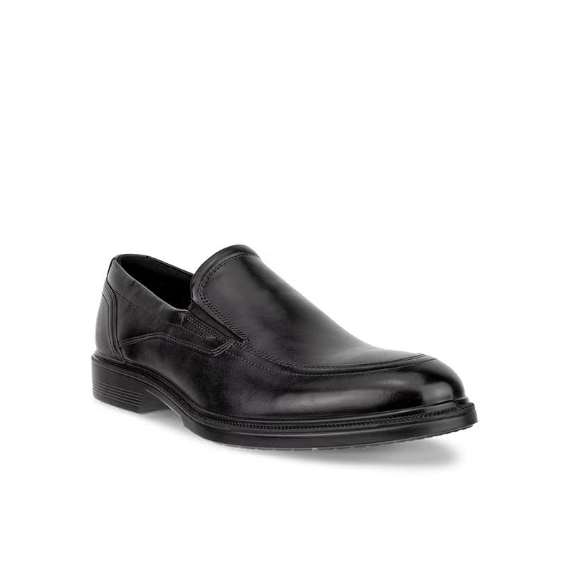 Men's black leather slip-on loafer with stitched upper and low block heel