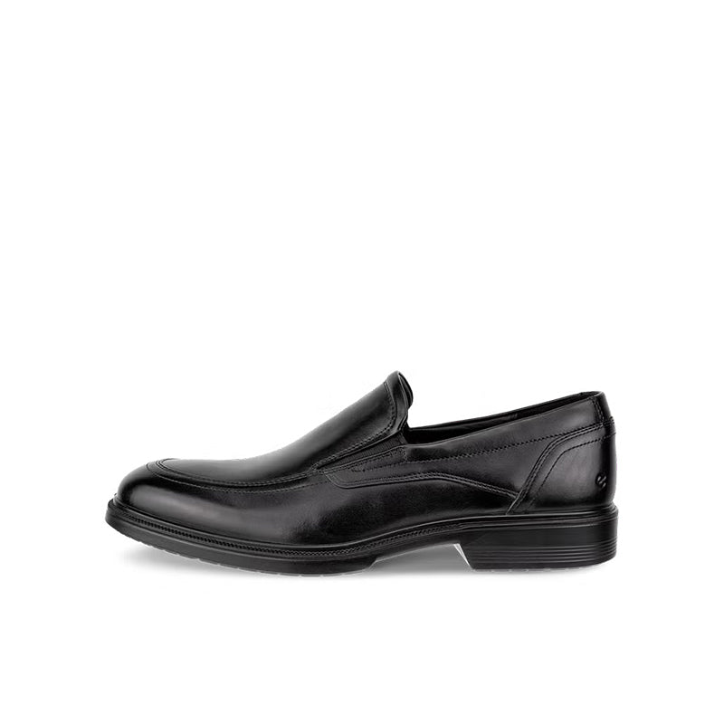 Men's black leather slip-on loafer with stitched vamp and low block heel
