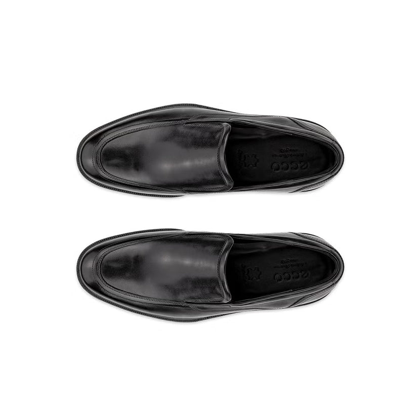 Men's black leather loafer with slip-on opening and embossed insole