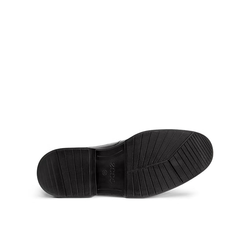 Men's black leather loafer outsole with textured tread and embossed logo