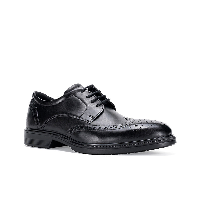 Men's black leather lace-up formal shoes with wingtip detailing