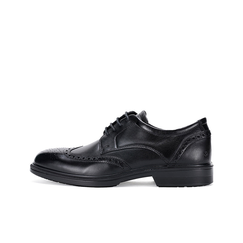 Men's black leather lace-up formal shoes with cap-toe brogue detail