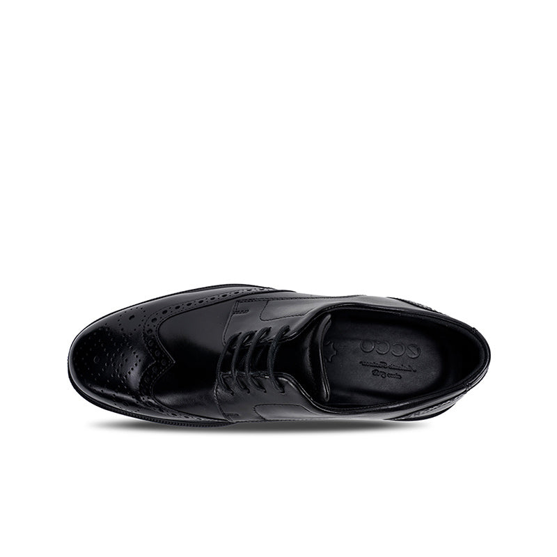 Men's black leather lace-up formal shoes, cap-toe brogue top view