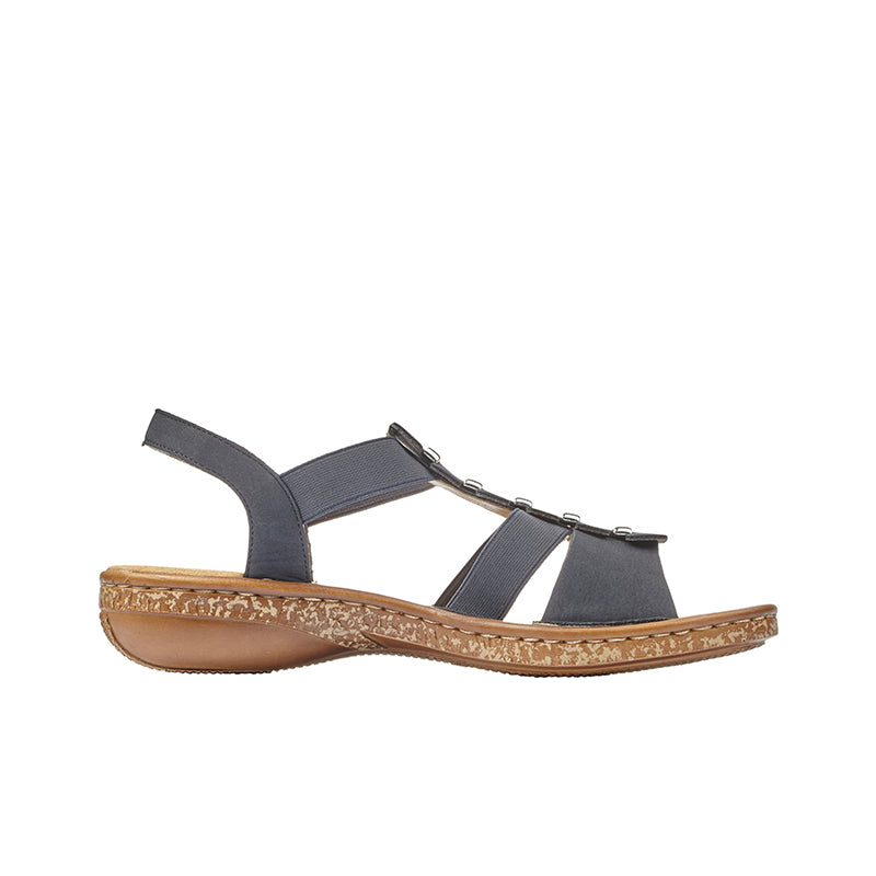 Navy blue women's flat sandals with double buckle straps and textured footbed