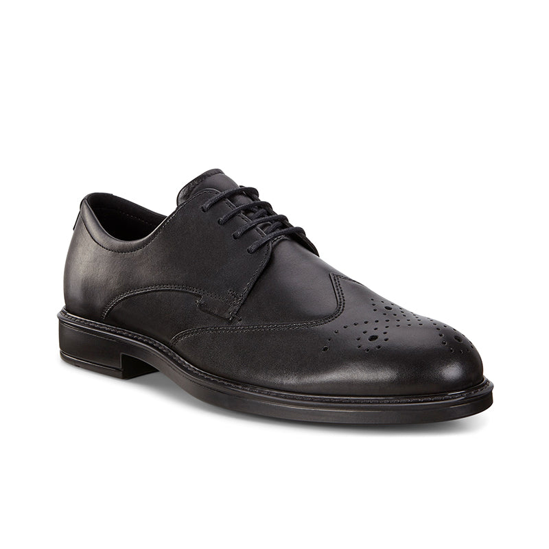 Men's black leather lace-up oxford shoes with perforated toe and classic stitching