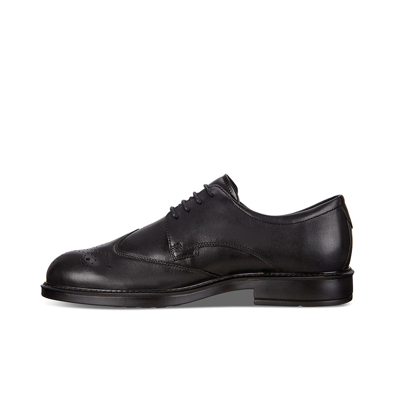 Men's black leather derby shoes with lace-up front and smooth rounded toe