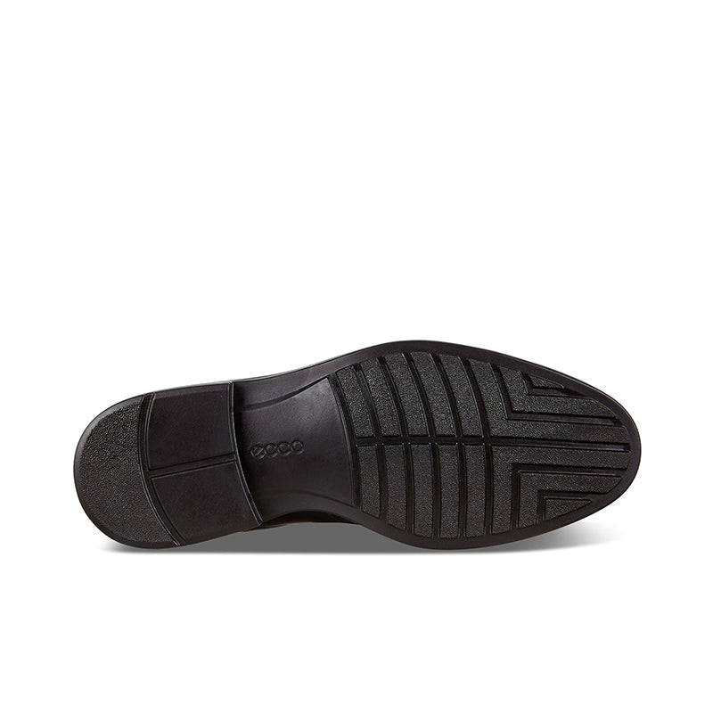 Men's black leather shoe outsole with tread pattern and heel grip