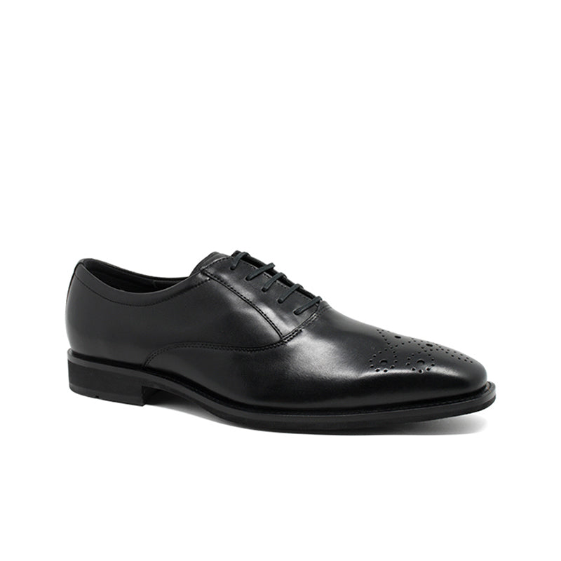 Black leather oxford dress shoes with lace-up front and brogue-style perforations