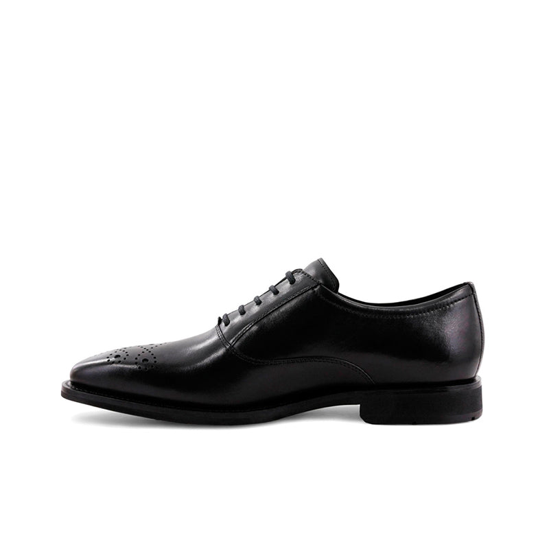 Black leather lace-up dress shoe with rounded toe and low-profile sole