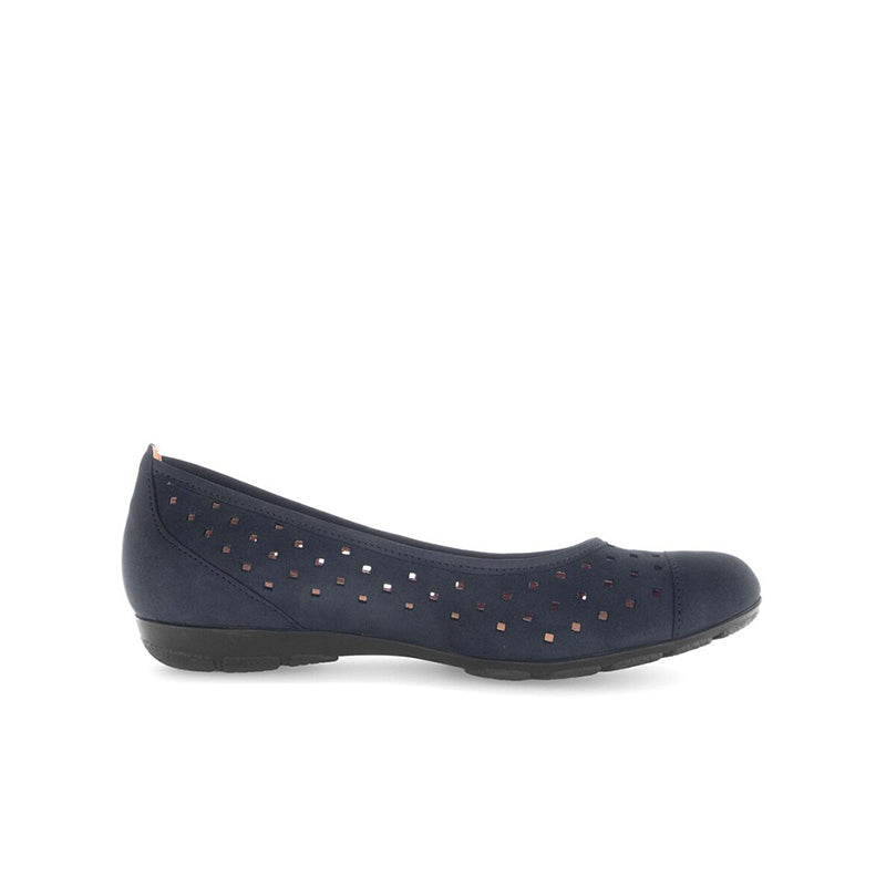 Blue leather ballet flats with perforated ruffle trim and rounded toe, slip-on style