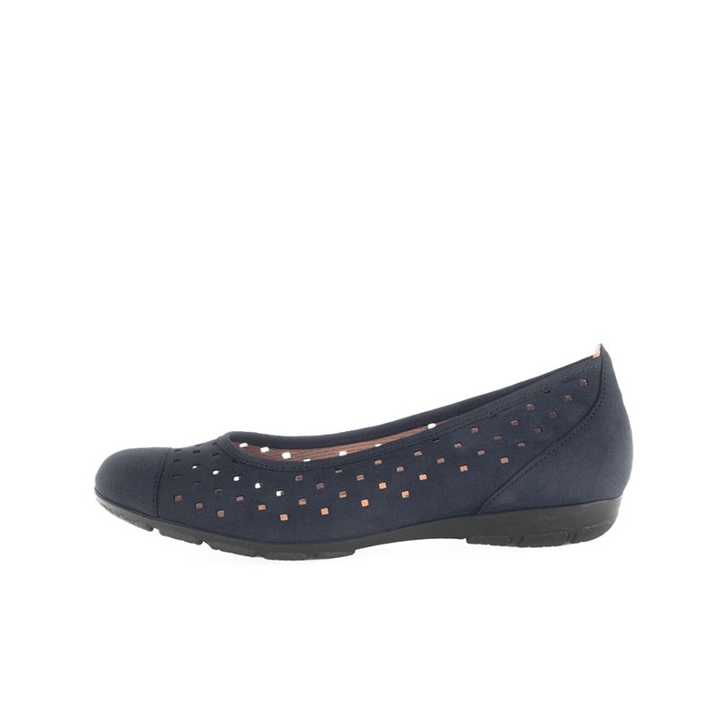 Blue slip-on ballet flats with perforated ruffle trim and low flexible sole
