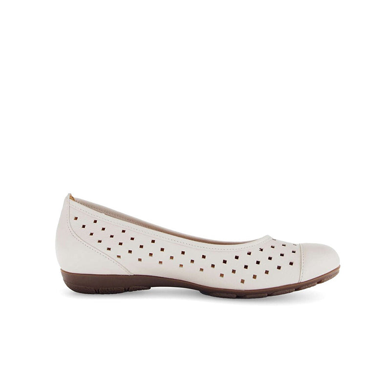 Light beige leather ballet flats with perforated ruffle cutouts and rounded toe, slip-on